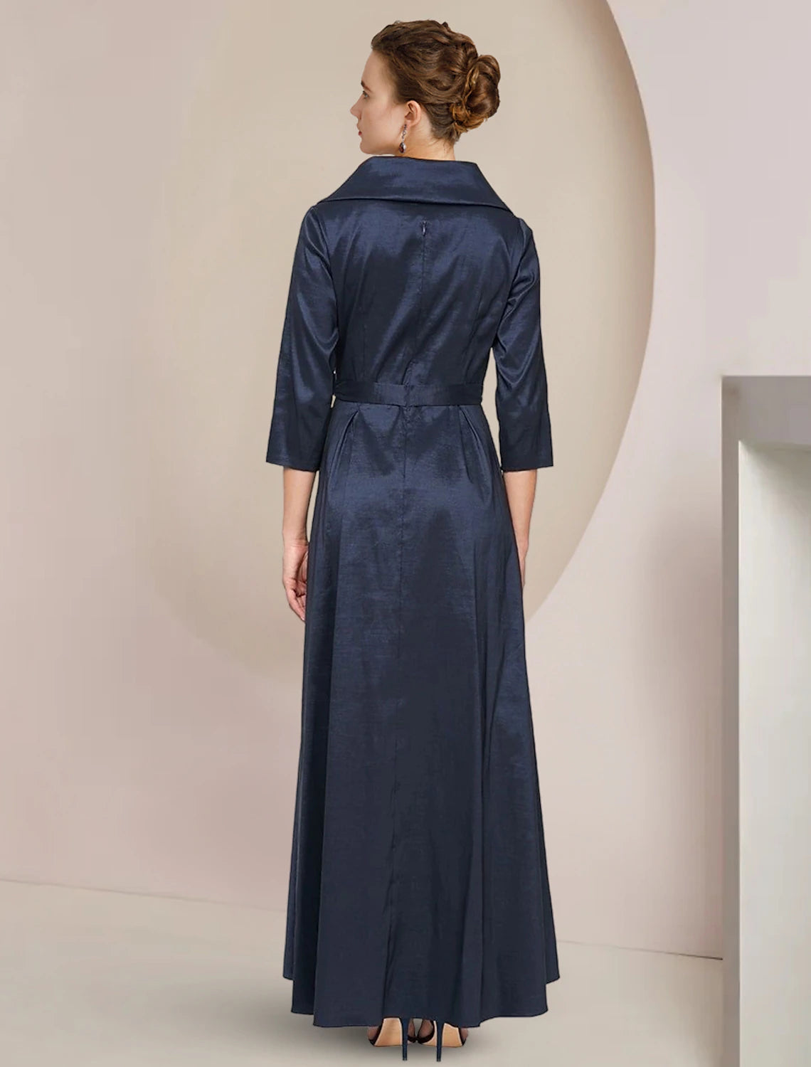 Wholesale  A-Line Mother of the Bride Dress Formal Wedding Guest Party Elegant Shirt Collar Asymmetrical Ankle Length Taffeta Short Sleeve with Bow(s)